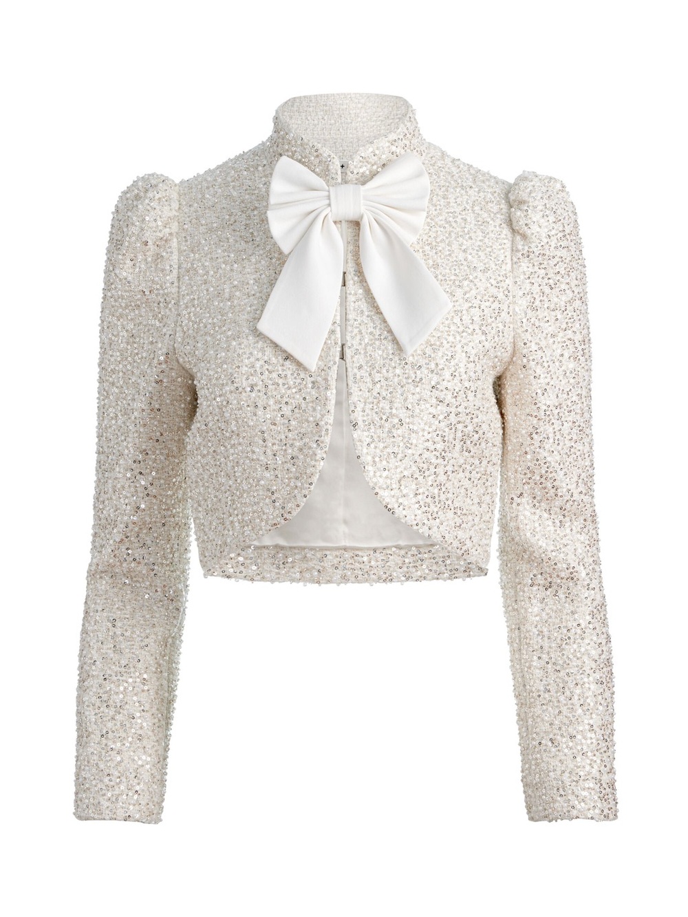 Alice + Olivia Ivory Beaded Cropped Blazer with Bow